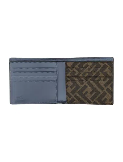 Fendi Canvas Leather Bi-fold Wallet Contrast Panel In Blue