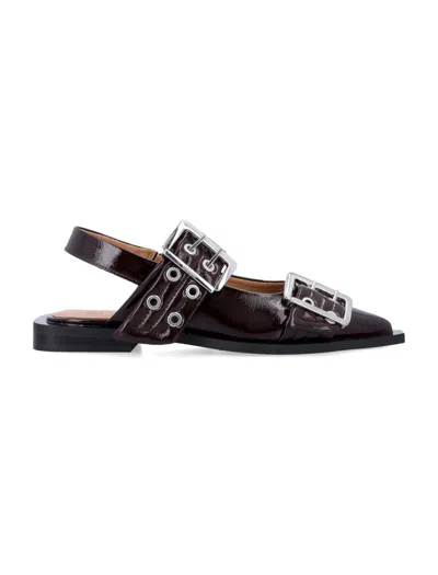Ganni Pointed Toe Black Ballerinas With Eyelet-accented Buckle Detail In Black