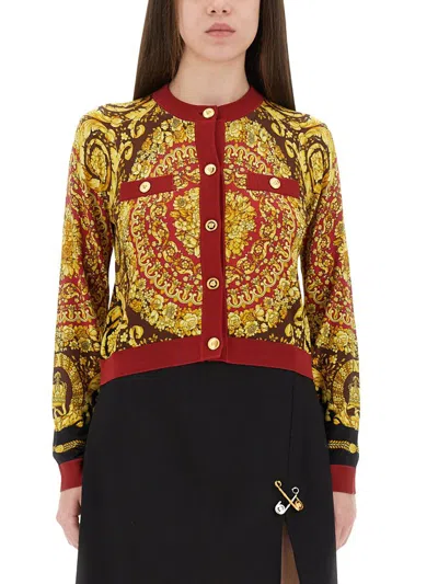 Versace Baroque Silk Knit Cardigan In Brown