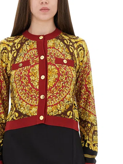 Versace Baroque Silk Knit Cardigan In Brown