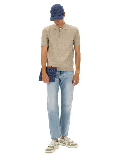 Fendi Ff Cotton Knit Polo Shirt In Neutral