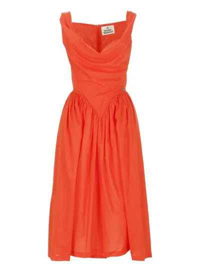 Vivienne Westwood Draped Neckline Midi Dress With Gathered Waist In Orange