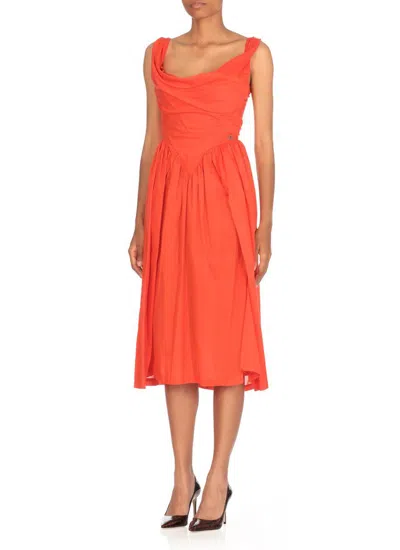 Vivienne Westwood Draped Neckline Midi Dress With Gathered Waist In Orange