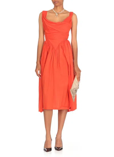 Vivienne Westwood Draped Neckline Midi Dress With Gathered Waist In Orange