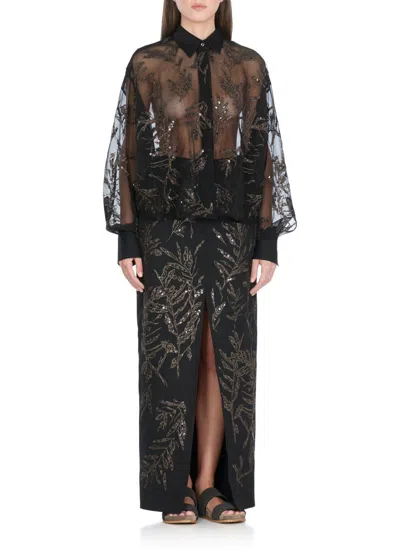 Brunello Cucinelli Women Crispy Silk Shirt With Glistening Flora Embroidery In Black