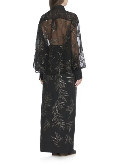 Brunello Cucinelli Women Crispy Silk Shirt With Glistening Flora Embroidery In Black