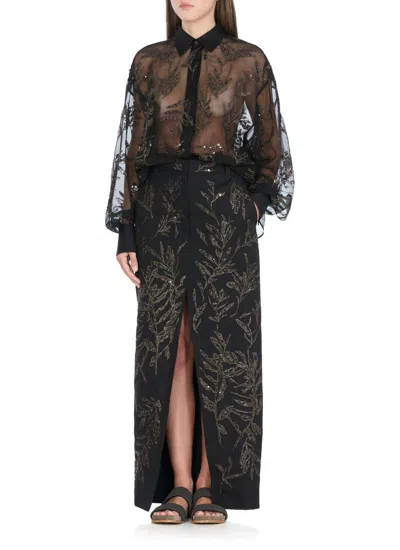 Brunello Cucinelli Women Crispy Silk Shirt With Glistening Flora Embroidery In Black