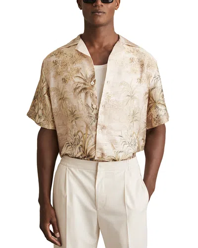 Reiss Soft Sage Green Jungle Print Cuban-collar Shirt In White