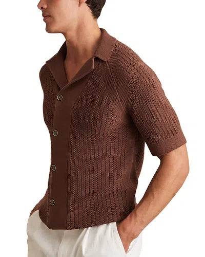 Reiss Tobacco Brown Cotton Textured-knit Cuban-collar Shirt In Brown