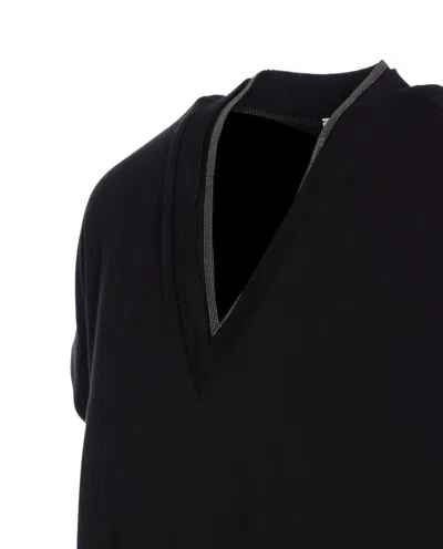 Brunello Cucinelli V-neck Short Sleeve T-shirt With Rolled Sleeves In Black