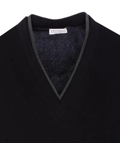 Brunello Cucinelli V-neck Short Sleeve T-shirt With Rolled Sleeves In Black