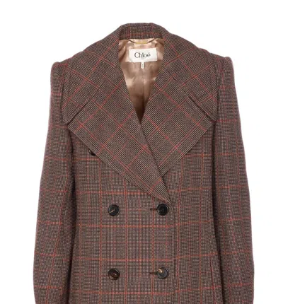 Chloé Checkered Long Length Coat With Prince Of Wales Motif In Brown