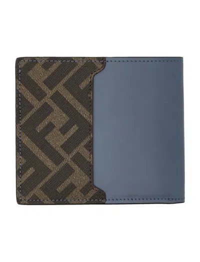 Fendi Canvas Leather Bi-fold Wallet Contrast Panel In Blue