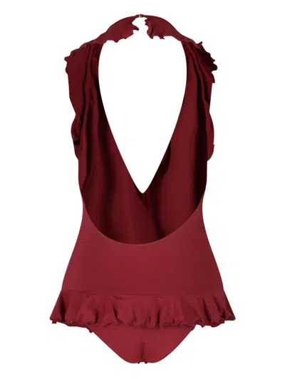 Chloé Halterneck One-piece Swimsuit Ruffle Detailing In Burgundy