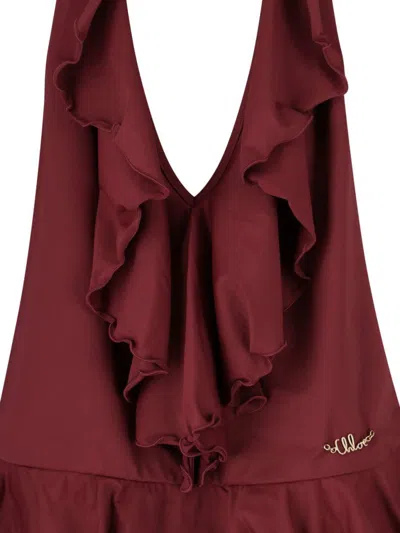 Chloé Halterneck One-piece Swimsuit Ruffle Detailing In Burgundy