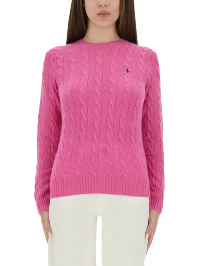 Polo Ralph Lauren Cable Knit Sweater With Round Neckline And Long Sleeves In Pink