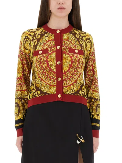 Versace Baroque Silk Knit Cardigan In Brown