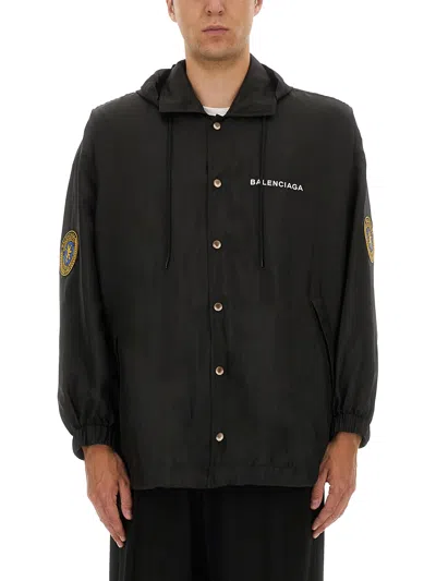Balenciaga Hooded Raincoat With Drawstring And Pockets In Black