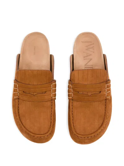 Jw Anderson Stitch Ribbed Nubuck Mules In Brown