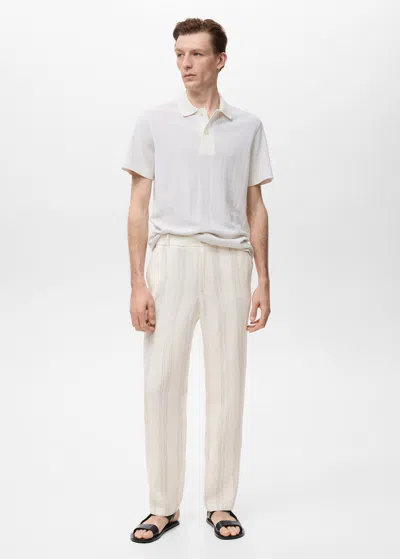 Mango Man 100% Linen Trousers With Elastic Waistband Off White