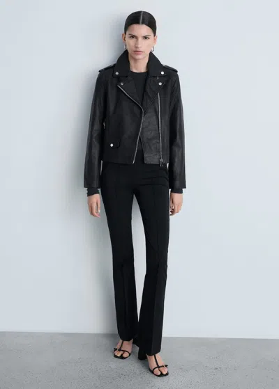 Mango Leather Biker Jacket Black