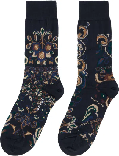 Sacai Navy Floral Socks In Black