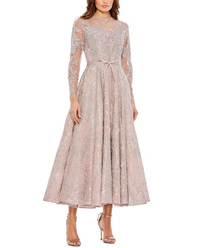 Mac Duggal Embellished Bow Belt Illusion Long Sleeve A Line Dress