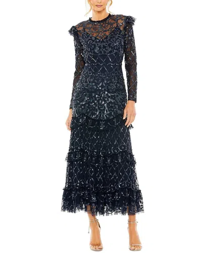 Mac Duggal High Neck Flutter Cap Long Sleeve Tiered Embellish