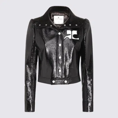 Courrèges Glossy Black Coat With High Collar And Logo Detailing In Green
