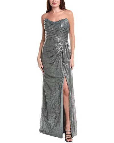 Rene Ruiz Strapless Draped Sequin Gown In Gray