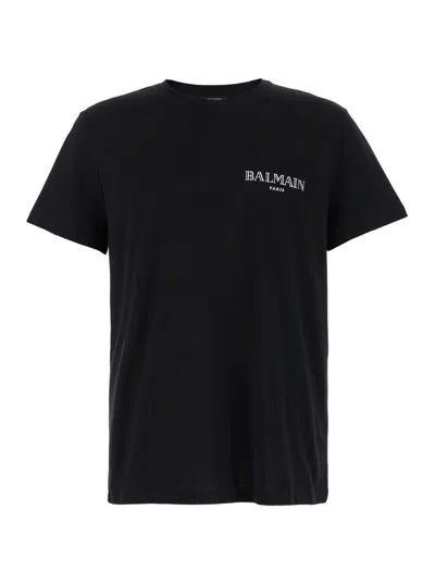 Balmain Black Crewneck T-shirt With Logo Print In Cotton Man
