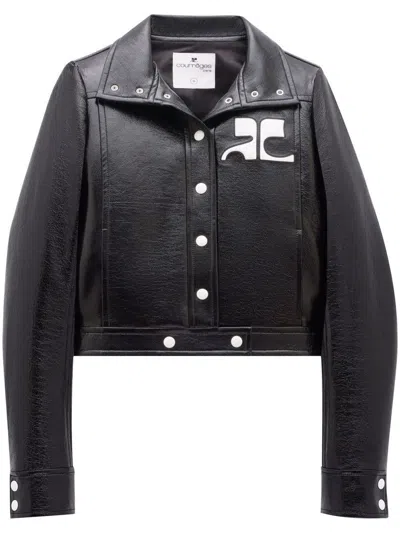 Courrèges Glossy Black Coat With High Collar And Logo Detailing In Green