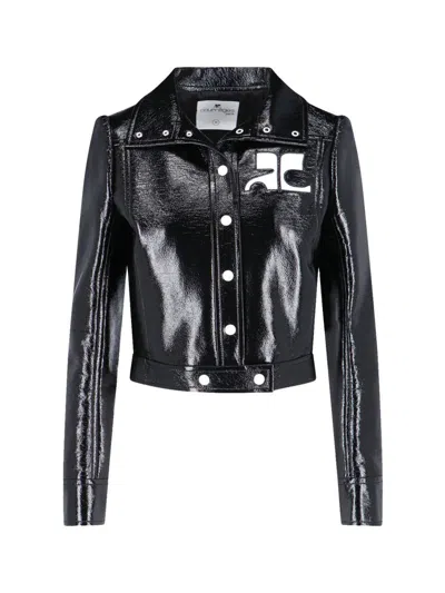 Courrèges Glossy Black Coat With High Collar And Logo Detailing In Green