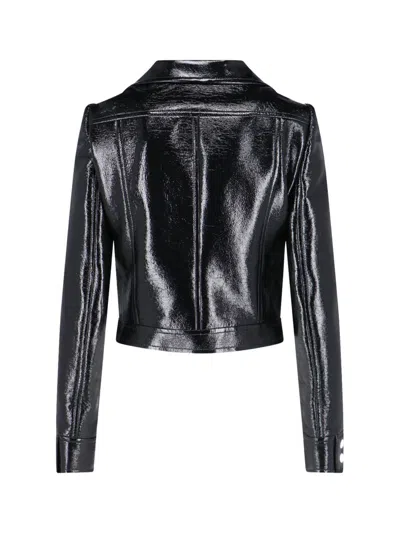 Courrèges Glossy Black Coat With High Collar And Logo Detailing In Green