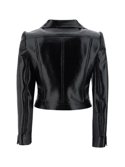 Courrèges Glossy Black Coat With High Collar And Logo Detailing In Green