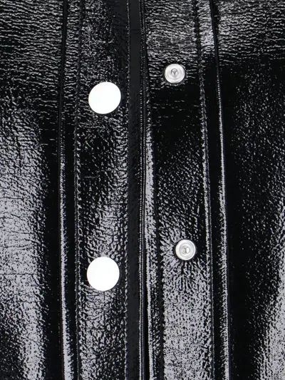 Courrèges Glossy Black Coat With High Collar And Logo Detailing In Green