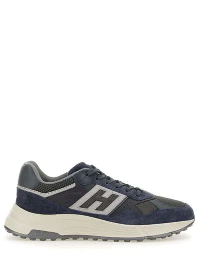Hogan Low Top Leather Sneakers With Mesh Inserts In Blue