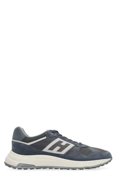 Hogan Low Top Leather Sneakers With Mesh Inserts In Blue