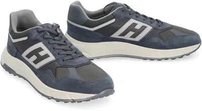 Hogan Low Top Leather Sneakers With Mesh Inserts In Blue