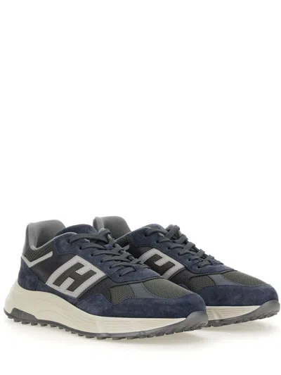Hogan Low Top Leather Sneakers With Mesh Inserts In Blue