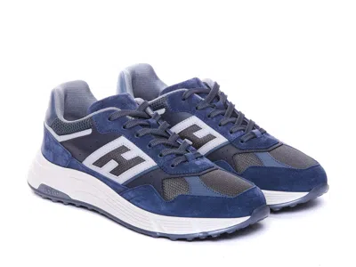 Hogan Low Top Leather Sneakers With Mesh Inserts In Blue