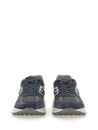 Hogan Low Top Leather Sneakers With Mesh Inserts In Blue
