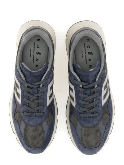 Hogan Low Top Leather Sneakers With Mesh Inserts In Blue