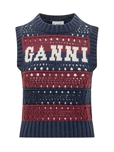Ganni Striped Openwork Vest With Logo Inlay In Blue