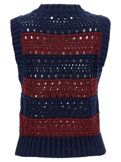 Ganni Striped Openwork Vest With Logo Inlay In Blue