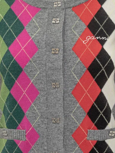 Ganni Cardigan Checkered Argyle Pattern In Multi
