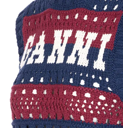 Ganni Striped Openwork Vest With Logo Inlay In Blue
