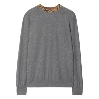 Burberry Men Grey Crew Neck Ribbed Trim Long Sleeves