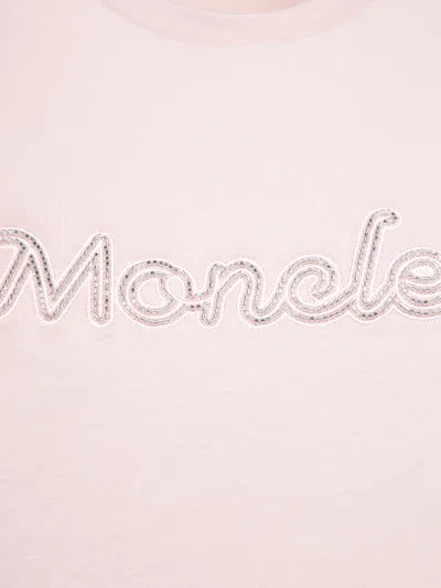 Moncler Pink T-shirt With Embroidered Logo On The Front And Logo Patch On The Sleeve In Cotton Woman In Pink