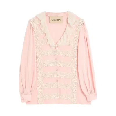 Valentino Ruffle V-neck Lace Trim Silk Shirt In Pink